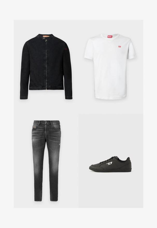 Schwarze Jeansjacke mit rundem Kragen, Reißverschluss vorne und kleinem roten Logo auf dem linken Ärmel. Verfügt über eine glatte Textur und eine taillierte Passform.; Weißes Baumwoll-T-Shirt mit V-Ausschnitt, kurzen Ärmeln und kleinem rotem Diesel-Logo auf der Brust. Glatte Textur, schlichtes Design.; Graue Denim-Jeans mit schlankem Schnitt, die über leicht abgewetzte Bereiche, distressed Details und einen traditionellen Knopfverschluss verfügen.; Schwarze Sneakers aus synthetischem Material mit einer strukturierten schwarzen Sohle, rundem Zehenbereich und flachen schwarzen Schnürsenkeln. Auffälliges weißes Logo auf der Außenseite.