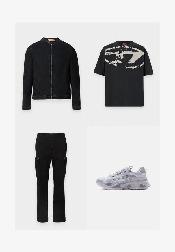 Schwarze Jeansjacke mit rundem Kragen, Reißverschluss vorne und kleinem roten Logo auf dem linken Ärmel. Verfügt über eine glatte Textur und eine taillierte Passform.; Schwarzes T-Shirt mit einem großen, abstrakten hellgrauen Grafik auf der Vorderseite. Mit kurzen Ärmeln und einem klassischen, runden Halsausschnitt. Aus Baumwolle.; Schwarze Cargo-Hose aus Baumwolle mit zwei seitlichen Taschen, geradem Bein und sichtbaren Nähten an den Säumen.; Grauer und weißer sportlicher Sneaker mit dicker Sohle, Obermaterial aus Mesh und synthetischem Material, Schnürverschluss und markantem Designdetail an der Seite.