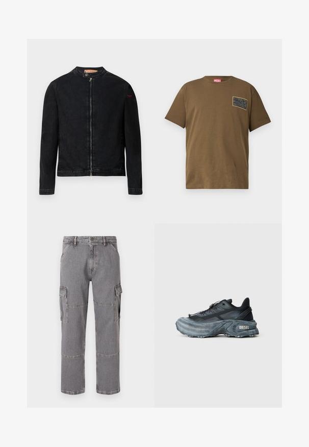 Veste en denim noire avec un col rond, une fermeture éclair frontale et un petit logo rouge sur la manche gauche. Caractérisée par une texture lisse et une coupe ajustée.; T-shirt en coton marron avec un col rond, comportant un patch graphique noir sur la poitrine gauche. Manches courtes et ourlet droit.; Pantalons cargo gris en denim avec plusieurs poches, une coupe droite et des détails de coutures visibles.; Baskets Diesel noires et grises avec semelle épaisse, système de laçage à bascule et design texturé sur fond gris clair uni.