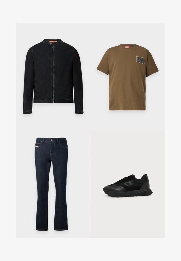 Zwarte denimjas met een ronde kraag, een ritssluiting aan de voorkant en een klein rood logo op de linker mouw. Heeft een gladde textuur en een aansluitend ontwerp.; Bruine katoenen t-shirt met ronde hals, voorzien van een zwart grafisch patch op de linkerborst. Korte mouwen en een rechte zoom.; Navyblauwe denim jeans met een rechte snit, voorzien van oranje stiksels, een metalen knoopsluiting en een klein logo op de achterzak.; Zwarte lage sneaker met een gestructureerde zool, mesh en leren bovenwerk, veters aan de voorkant en een klein reliëflogo op het zijpaneel.