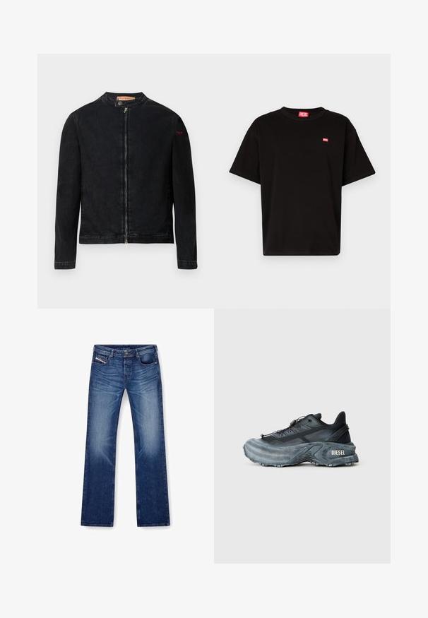 Zwarte denimjas met een ronde kraag, een ritssluiting aan de voorkant en een klein rood logo op de linker mouw. Heeft een gladde textuur en een aansluitend ontwerp.; Zwarte katoenen t-shirt met ronde hals, korte mouwen en een klein rood Diesel-logo op de borst. Rechte zoom, minimalistisch ontwerp.; Blauwe denim jeans met een recht model, vijf zakken en een tonale stiksels. De stof heeft een gladde textuur met een lichte vervaging.; Zwarte en grijze Diesel sneakers met dikke zool, vetersluiting en gestructureerd ontwerp op een effen lichtgrijze achtergrond.
