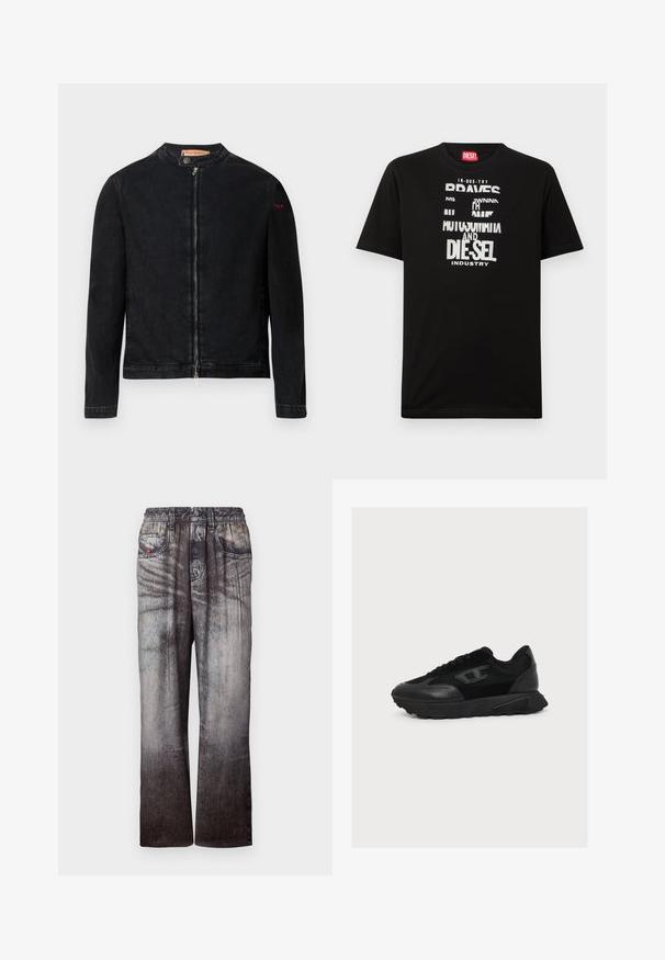 Schwarze Jeansjacke mit rundem Kragen, Reißverschluss vorne und kleinem roten Logo auf dem linken Ärmel. Verfügt über eine glatte Textur und eine taillierte Passform.; Schwarzes Baumwoll-T-Shirt mit kräftigen weißen Textgrafiken, darunter "DIESEL" und "INDUSTRY", mit rundem Halsausschnitt und kurzen Ärmeln.; Jeans mit einem verblassten Blau-zu-Grau-Gradient, elastischem Bund und seitlichen Taschen. Sie besitzen eine strukturierte Oberfläche mit subtilem Nähen.; Schwarzer Low-Top-Sneaker mit Obermaterial aus gemischtem Mesh und Leder, Schnürverschluss und strukturierter Sohle, im rechten Seitenprofil auf weißem Hintergrund gezeigt.