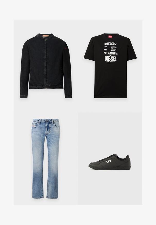 Sort denimjakke med rund krave, lynlås foran og et lille rødt logo på venstre ærme. Har en glat tekstur og tætsiddende design.; Sort bomulds-T-shirt med fed hvide tekstgrafik, herunder "DIESEL" og "INDUSTRY", med rund halsudskæring og korte ærmer.; Lyseblå denim jeans med lige ben-design, der har frontlommer, lynlås og subtile falmninger i stoffet.; Sorte syntetiske sneakers med en struktureret sort sål, rund tå og flade sorte snørebånd. Fremtrædende hvidt logo på ydersiden.