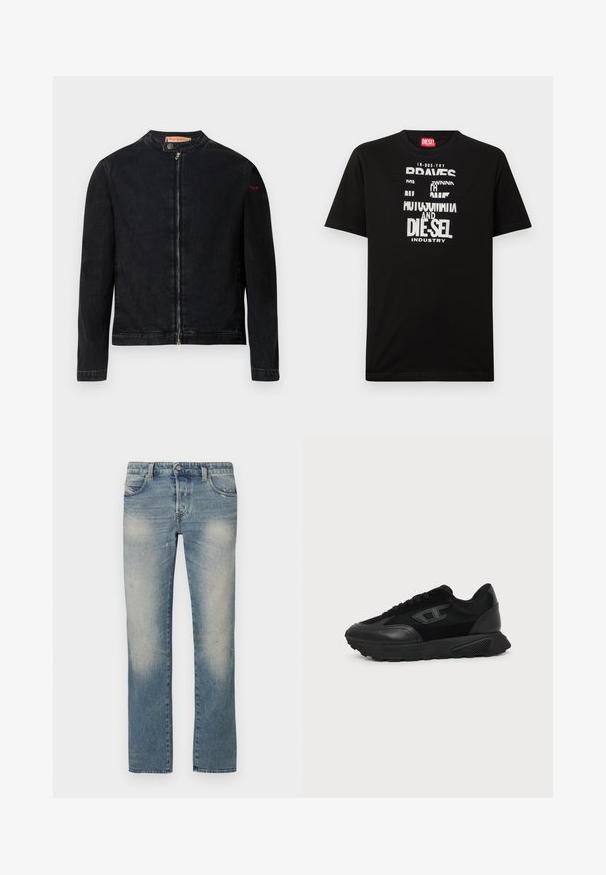 Veste en denim noire avec un col rond, une fermeture éclair frontale et un petit logo rouge sur la manche gauche. Caractérisée par une texture lisse et une coupe ajustée.; T-shirt noir en coton avec des graphismes textuels blancs audacieux, incluant "DIESEL" et "INDUSTRY", avec un col rond et des manches courtes.; Jean droit en denim bleu clair avec zones délavées, cinq poches et fermeture à bouton. Le tissu présente de légers effets d'usure et des marques d'usure.; Baskets basses noires avec semelle texturée, dessus en mesh et cuir, fermeture à lacets devant, et petit logo embossé sur le panneau latéral.