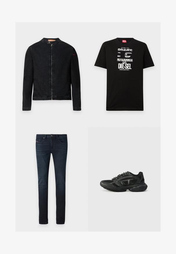 Sort denimjakke med rund krave, lynlås foran og et lille rødt logo på venstre ærme. Har en glat tekstur og tætsiddende design.; Sort bomulds-T-shirt med fed hvide tekstgrafik, herunder "DIESEL" og "INDUSTRY", med rund halsudskæring og korte ærmer.; Mørkeblå slim-fit jeans med let falmning på lårene, forlommer, bæltestropper og knaplukning i taljen.; Sorte atletiske sneakers med et mesh-overdel, teksturerede detaljer og polstret krave. Snørebåndsdesign med en tykk gummisål for støtte.