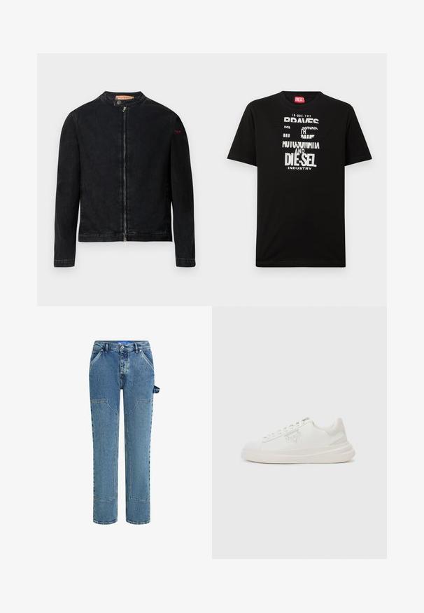 Sort denimjakke med rund krave, lynlås foran og et lille rødt logo på venstre ærme. Har en glat tekstur og tætsiddende design.; Sort bomulds-T-shirt med fed hvide tekstgrafik, herunder "DIESEL" og "INDUSTRY", med rund halsudskæring og korte ærmer.; Blå denimjeans med et lige ben-design, der har kontrastfyldte lapper, to forlommer og en synlig løkke-detalje på siden.; Hvide sneakers med en glat læderoverdel, rund tå, tonale snørebånd og en gummisål. Har prægede logoer og subtile detaljer på hælen.