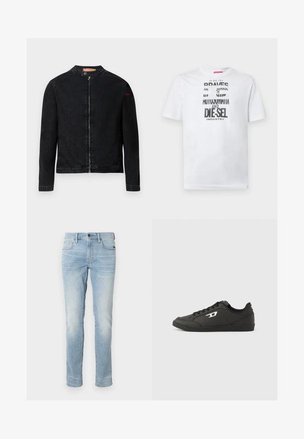 Musta denimtakki, jossa pyöreä kaulus, etuvetoketju ja pieni punainen logo vasemmassa hihassa. Takissa on sileä pinta ja istuva muotoilu.; Valkoinen puuvillainen t-paita, jossa näyttävä musta typografia sanoin "BRAVES" ja "DIE-SEL INDUSTRY" sekä puoliläpinäkyvä leikkauskuvio.; Vaaleansiniset slim-fit farkut, joissa on etunappi, vetskari ja viisi taskua, esiteltynä neutraalilla valkoisella taustalla.; Mustat synteettiset tennarit, joissa on teksturoitu musta pohja, pyöreä kärki ja tasaiset mustat nauhat. Ulkosivulla näkyvä valkoinen logo on merkittävä yksityiskohta.