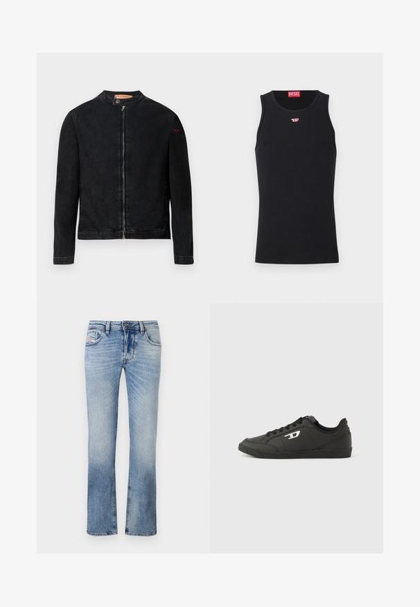 Sort denimjakke med rund krave, lynlås foran og et lille rødt logo på venstre ærme. Har en glat tekstur og tætsiddende design.; Sort ærmeløs Diesel tanktop med lille rødt og hvidt logo på brystet og rød Diesel-etiket indeni kraven.; Lyseblå denim jeans med lige ben-design, der har frontlommer, lynlås og subtile falmninger i stoffet.; Sorte syntetiske sneakers med en struktureret sort sål, rund tå og flade sorte snørebånd. Fremtrædende hvidt logo på ydersiden.
