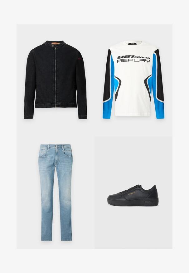 Chaqueta de mezclilla negra con cuello redondo, cierre frontal con cremallera y un pequeño logo rojo en la manga izquierda. Presenta una textura suave y un diseño ajustado.; Camisa deportiva de manga larga con el frente blanco, paneles de mangas en negro y azul, y el logotipo "981 sports REPLAY" impreso en el pecho.; Jeans de denim azul claro con un diseño de pierna recta, estilo de cinco bolsillos y un acabado desgastado. Cuenta con un cierre frontal de botón y cremallera.; Replay EPIC HIGH - Zapatillas - black