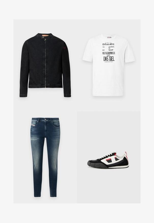 Schwarze Jeansjacke mit rundem Kragen, Reißverschluss vorne und kleinem roten Logo auf dem linken Ärmel. Verfügt über eine glatte Textur und eine taillierte Passform.; Weißes Diesel T-Shirt mit kurzen Ärmeln, schwarzem und weißem grafischem Text und Logo auf der Vorderseite, rundem Ausschnitt und rotem Logoschild an der Seitennaht.; Dunkelblaue Denim-Jeans mit Slim-Fit, ausgestattet mit einem ausgewaschenen Look, leichten Abschürfungen und klassischem Fünf-Taschen-Design.; Diesel S PAGODHA LOW - Sneaker low - black