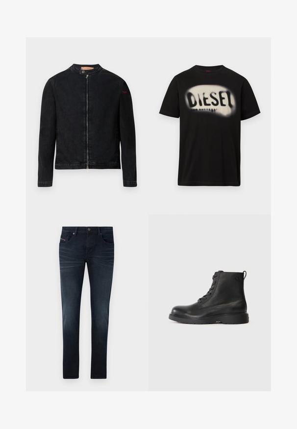Veste en denim noire avec un col rond, une fermeture éclair frontale et un petit logo rouge sur la manche gauche. Caractérisée par une texture lisse et une coupe ajustée.; T-shirt en coton noir avec un grand logo blanc flou portant le mot "DIESEL" sur le devant. Manches courtes, col rond.; Jeans en denim bleu foncé avec une coupe slim, dotés de cinq poches, d'un délavage subtil et d'un bouton métallique à la taille.; Bottine noire en cuir texturé avec un bout rond, un design à lacets, et une solide semelle en caoutchouc noir. Elle est dotée d'une boucle au talon.