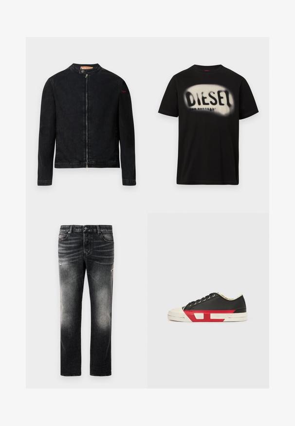 Schwarze Jeansjacke mit rundem Kragen, Reißverschluss vorne und kleinem roten Logo auf dem linken Ärmel. Verfügt über eine glatte Textur und eine taillierte Passform.; Schwarzes Baumwoll-T-Shirt mit einem großen, verschwommenen weißen Logo und dem Schriftzug "DIESEL" auf der Vorderseite. Kurzärmlig, mit rundem Halsausschnitt.; Schwarze Jeans mit einem verblassten Finish und verwaschenen Akzenten, klassisches Fünf-Taschen-Design und Reißverschluss. Hergestellt aus Denim-Stoff.; Schwarzer Leinensneaker mit roten Akzenten, Gummizehenschutz und weißer Sohle. Verfügt über schwarze Schnürsenkel und ein strukturiertes Design an der Seite.