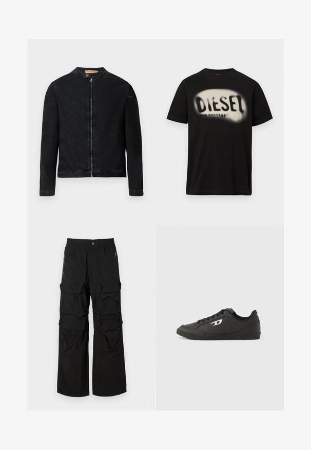 Zwarte denimjas met een ronde kraag, een ritssluiting aan de voorkant en een klein rood logo op de linker mouw. Heeft een gladde textuur en een aansluitend ontwerp.; Zwart katoenen T-shirt met een groot, wazig wit logo met het woord "DIESEL" aan de voorkant. Korte mouwen, ronde hals.; Zwarte cargobroek met een elastische tailleband, meerdere grote zakken en ritszakken aan de zijkant. Gemaakt van lichte, gestructureerde stof.; Zwarte sneakers van synthetisch materiaal met een geribbelde zwarte zool, ronde neus en vlakke zwarte veters. Opvallend wit logomerk aan de buitenzijde.