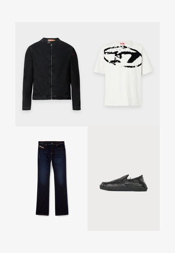 Sort denimjakke med rund krave, lynlås foran og et lille rødt logo på venstre ærme. Har en glat tekstur og tætsiddende design.; Hvid bomulds T-shirt med et stort sort grafisk logo på fronten. Designet inkluderer abstrakte former og teksturer. Korte ærmer.; Mørkeblå denim jeans med lige ben, med orange syninger, lynlås og forlommer. Glat tekstur og standard talje.; Sort denim slip-on sko med frynset kant og vævet sål, vist fra siden på en hvid baggrund.