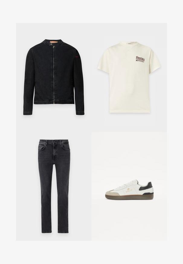 Veste en denim noire avec un col rond, une fermeture éclair frontale et un petit logo rouge sur la manche gauche. Caractérisée par une texture lisse et une coupe ajustée.; T-shirt crème à manches courtes avec col rond et "Replay Motocicli" imprimé en petites lettres sombres sur la poitrine gauche.; Jean en denim noir avec une coupe droite, cinq poches et un délavage subtil. Fabriqué en coton doux et flexible.; Sneaker blanc et noir en cuir et daim, avec un bout rond, une semelle texturée, un logo doré et un accent de talon contrastant.
