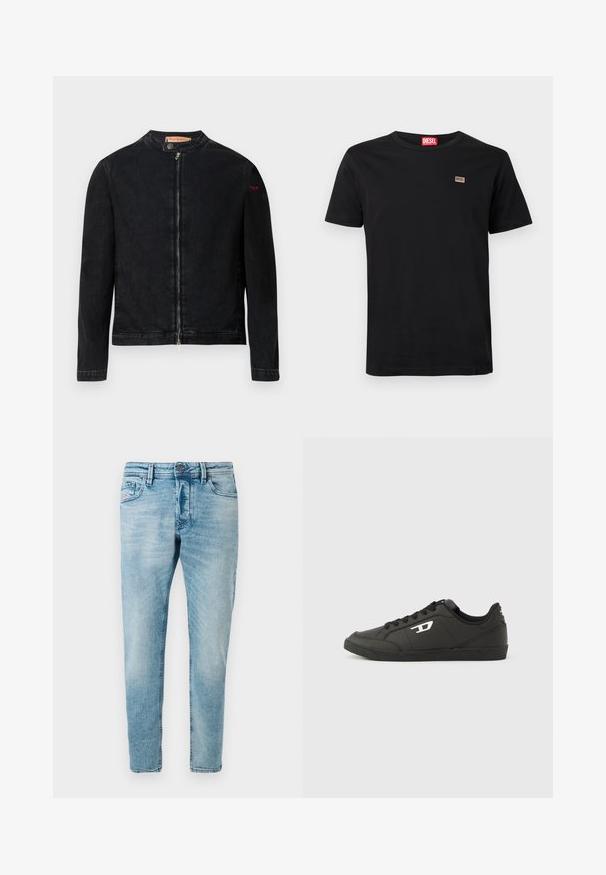 Schwarze Jeansjacke mit rundem Kragen, Reißverschluss vorne und kleinem roten Logo auf dem linken Ärmel. Verfügt über eine glatte Textur und eine taillierte Passform.; Schwarzes kurzärmeliges T-Shirt aus Baumwolle mit Rundhalsausschnitt. Verfügt über einen kleinen Markenaufnäher auf der linken Brust.; Helle blaue Denim-Jeans im Slim-Fit mit Fronttaschen und Knopfverschluss. Der Stoff hat eine weiche, strukturierte Oberfläche.; Schwarze Sneakers aus synthetischem Material mit einer strukturierten schwarzen Sohle, rundem Zehenbereich und flachen schwarzen Schnürsenkeln. Auffälliges weißes Logo auf der Außenseite.