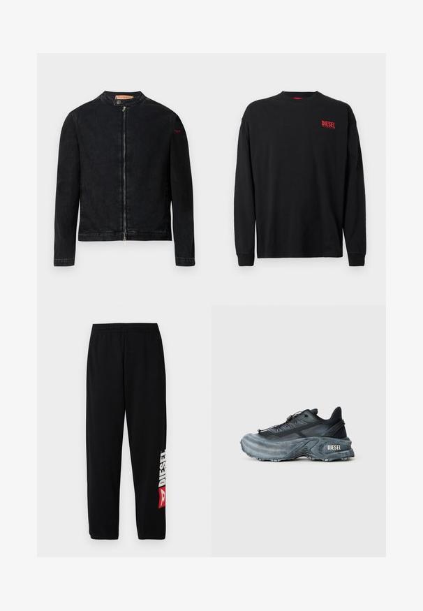 Veste en denim noire avec un col rond, une fermeture éclair frontale et un petit logo rouge sur la manche gauche. Caractérisée par une texture lisse et une coupe ajustée.; T-shirt noir à manches longues en coton avec un col rond. Présente un petit logo "DIESEL" rouge sur le côté gauche de la poitrine. Coupe régulière.; Pantalon de survêtement noir avec taille élastique, arborant un grand logo blanc "DIESEL" et un accent rouge sur la jambe gauche. Tissu doux et lisse.; Baskets Diesel noires et grises avec semelle épaisse, système de laçage à bascule et design texturé sur fond gris clair uni.
