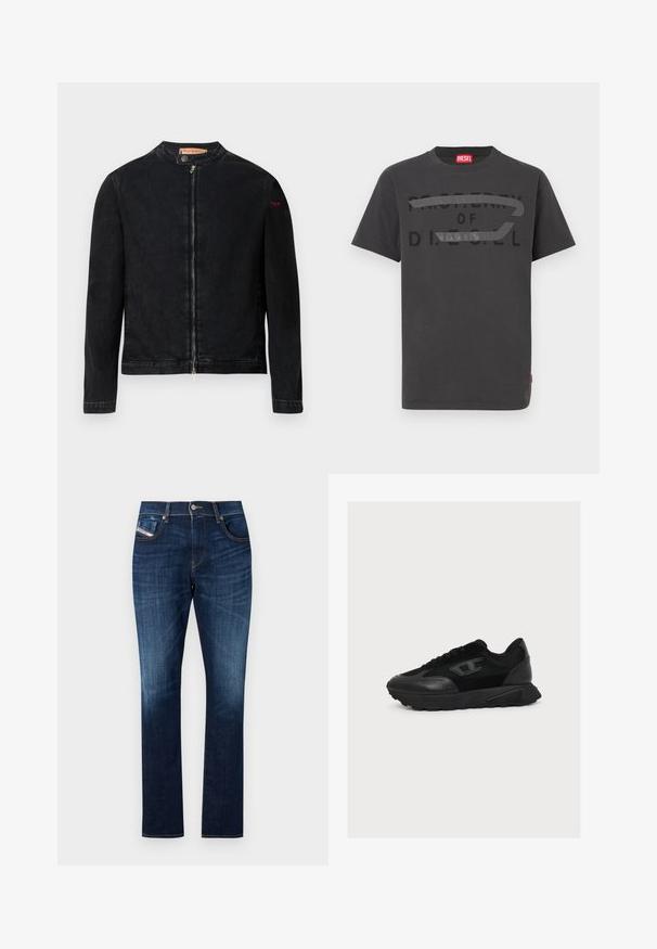 Zwarte denimjas met een ronde kraag, een ritssluiting aan de voorkant en een klein rood logo op de linker mouw. Heeft een gladde textuur en een aansluitend ontwerp.; Grijze katoenen t-shirt met vetgedrukte zwarte tekst "EIGENDOM VAN D.I.E.S.E.L.", met een gladde textuur en korte mouwen.; Donkerblauwe denim jeans met een rechte snit, vijf zakken, subtiele wassing en contrasterende stiksels langs de naden.; Zwarte lage sneaker met gestructureerd leer en meshpanelen, vetersluiting en dikke patroonzool, gezien vanaf de buitenzijde.