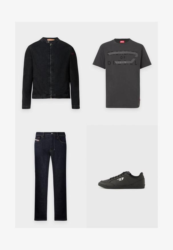 Sort denimjakke med rund krave, lynlås foran og et lille rødt logo på venstre ærme. Har en glat tekstur og tætsiddende design.; Grå bomulds-T-shirt med fed sort tekst, der lyder "PROPERTY OF D.I.E.S.E.L.", med en glat tekstur og korte ærmer.; Mørkeblå denim jeans med lige ben-design, der har fem lommer, en knaplukning og kontrasterende syninger.; Sorte syntetiske sneakers med en struktureret sort sål, rund tå og flade sorte snørebånd. Fremtrædende hvidt logo på ydersiden.