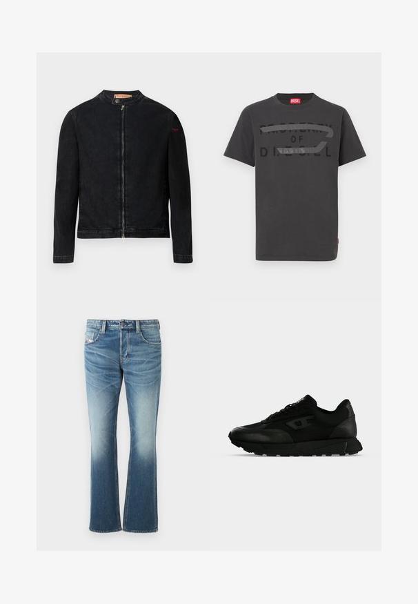 Veste en denim noire avec un col rond, une fermeture éclair frontale et un petit logo rouge sur la manche gauche. Caractérisée par une texture lisse et une coupe ajustée.; T-shirt en coton gris avec un texte noir audacieux indiquant "PROPERTY OF D.I.E.S.E.L.", à la texture lisse et manches courtes.; Jean en denim bleu avec un design évasé, présentant un lavage délavé, cinq poches et des coutures contrastantes. Fermeture par bouton à la taille.; Baskets basses noires avec cuir texturé et panneaux en tissu, fermeture lacets et semelle épaisse en caoutchouc sur un fond clair uni.