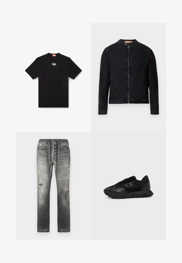 Veste en denim noire avec un col rond, une fermeture éclair frontale et un petit logo rouge sur la manche gauche. Caractérisée par une texture lisse et une coupe ajustée.; T-shirt en coton noir avec un col rond et des manches courtes. Présente un petit logo en argent brodé au centre avant.; Jean en denim gris à coupe décontractée, présentant des zones décolorées, des détails usés et une taille avec cordon de serrage pour un confort ajustable.; Baskets basses noires avec semelle texturée, dessus en mesh et cuir, fermeture à lacets devant, et petit logo embossé sur le panneau latéral.
