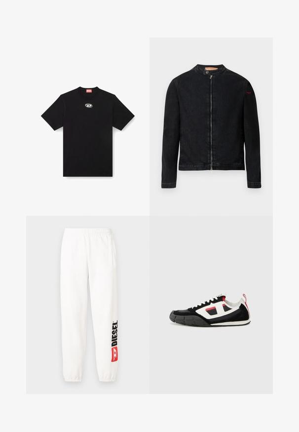 Schwarze Jeansjacke mit rundem Kragen, Reißverschluss vorne und kleinem roten Logo auf dem linken Ärmel. Verfügt über eine glatte Textur und eine taillierte Passform.; Schwarzes Baumwoll-T-Shirt mit Rundhalsausschnitt und kurzen Ärmeln. Enthält ein kleines, silbernes Logo, das in der Mitte vorne gestickt ist.; Weiße Baumwolljogginghose mit elastischem Bund. Linkes Bein mit schwarzem und rotem "DIESEL"-Logo. Bündchen an den Knöcheln. Glatte Textur.; Diesel S PAGODHA LOW - Sneaker low - black