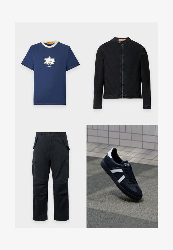 Zwarte denimjas met een ronde kraag, een ritssluiting aan de voorkant en een klein rood logo op de linker mouw. Heeft een gladde textuur en een aansluitend ontwerp.; Navyblauw katoenen t-shirt met een contrasterende crèmekleurige kraag, voorzien van een grote witte logo-afbeelding op de borst en de merknaam eronder.; Zwarte cargobroek van duurzaam materiaal, met meerdere zijzakken, een rechte pijpdesign en een knoopsluiting bij de taille.; Zwarte leren sneaker met witte strepen, een gestructureerde rubberen zool en vetersluiting aan de voorkant. Voorzien van een merklabel op de tong.