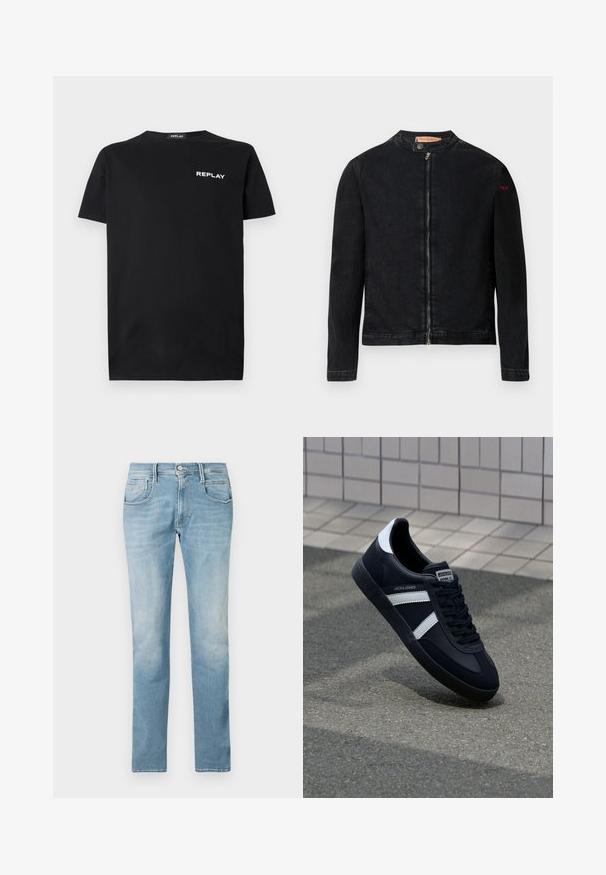 Zwarte denimjas met een ronde kraag, een ritssluiting aan de voorkant en een klein rood logo op de linker mouw. Heeft een gladde textuur en een aansluitend ontwerp.; Zwarte katoenen T-shirt met korte mouwen en ronde hals, met een witte "REPLAY" logo op de linkerborst. Glad textuur.; Lichtblauwe denim jeans met een rechte pijp ontwerp, vijf zakken en een vervaagde afwerking. Voorzien van een voorste knoop- en ritssluiting.; Zwarte leren sneaker met witte strepen, een gestructureerde rubberen zool en vetersluiting aan de voorkant. Voorzien van een merklabel op de tong.