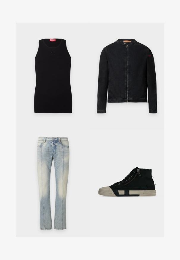 Veste en denim noire avec un col rond, une fermeture éclair frontale et un petit logo rouge sur la manche gauche. Caractérisée par une texture lisse et une coupe ajustée.; Débardeur noir Diesel avec col rond, petit logo ton sur ton sur la poitrine et étiquette rouge à l'intérieur du col sur fond blanc.; Jean en denim bleu clair avec une coupe droite, couture double, poches avant et finition délavée. Aucun logo visible.; Baskets montantes noires avec semelle et bout en caoutchouc beige, fermeture éclair latérale, lacets noirs et détails visibles de tissu usé.