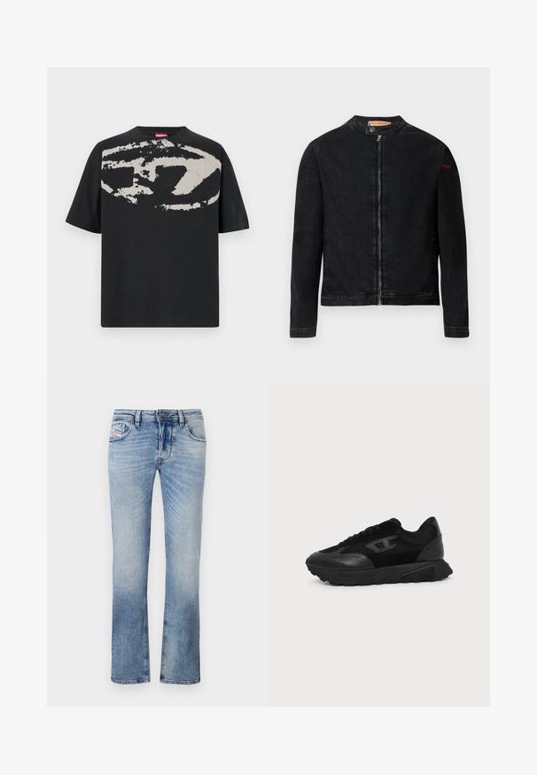 Schwarze Jeansjacke mit rundem Kragen, Reißverschluss vorne und kleinem roten Logo auf dem linken Ärmel. Verfügt über eine glatte Textur und eine taillierte Passform.; Schwarzes T-Shirt mit einem großen, abstrakten hellgrauen Grafik auf der Vorderseite. Mit kurzen Ärmeln und einem klassischen, runden Halsausschnitt. Aus Baumwolle.; Hellblaue Jeans aus Denim mit geradem Schnitt, ausgestattet mit Fronttaschen, einem Reißverschluss und subtilen Verfärbungen im gesamten Stoff.; Schwarzer Low-Top-Sneaker mit strukturierter Sohle, Mesh- und Lederoberseite, Schnürung vorne und kleinem eingeprägtem Logo auf dem Seitenpanel.