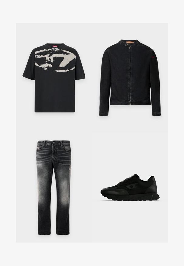 Veste en denim noire avec un col rond, une fermeture éclair frontale et un petit logo rouge sur la manche gauche. Caractérisée par une texture lisse et une coupe ajustée.; T-shirt noir avec un grand motif abstrait gris clair sur le devant. Manches courtes et encolure ronde classique. Matière en coton.; Jean noir avec une finition délavée et des accents usés, design standard à cinq poches, et fermeture éclair. Fabriqué en tissu denim.; Baskets basses noires avec cuir texturé et panneaux en tissu, fermeture lacets et semelle épaisse en caoutchouc sur un fond clair uni.