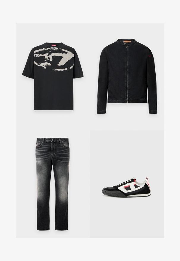 Sort denimjakke med rund krave, lynlås foran og et lille rødt logo på venstre ærme. Har en glat tekstur og tætsiddende design.; Sort t-shirt med et stort, abstrakt lys grå grafik foran. Korte ærmer og en klassisk rund halsudskæring. Materialet er bomuld.; Sorte jeans med en falmet finish og slidte detaljer, standard fem-pockets design og lynlås. Lavet af denim stof.; Diesel S PAGODHA LOW - Sneakers - black