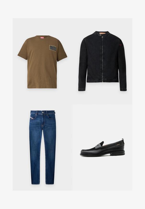 Veste en denim noire avec un col rond, une fermeture éclair frontale et un petit logo rouge sur la manche gauche. Caractérisée par une texture lisse et une coupe ajustée.; T-shirt en coton marron avec un col rond, comportant un patch graphique noir sur la poitrine gauche. Manches courtes et ourlet droit.; Jeans en denim bleu foncé avec une coupe droite, un design à cinq poches, des détails de couture visibles et une fermeture à bouton en métal.; Mocassin en cuir noir avec détail de bride grise, talon bas et semelle texturée, marqué "HUGO" en or sur le côté.