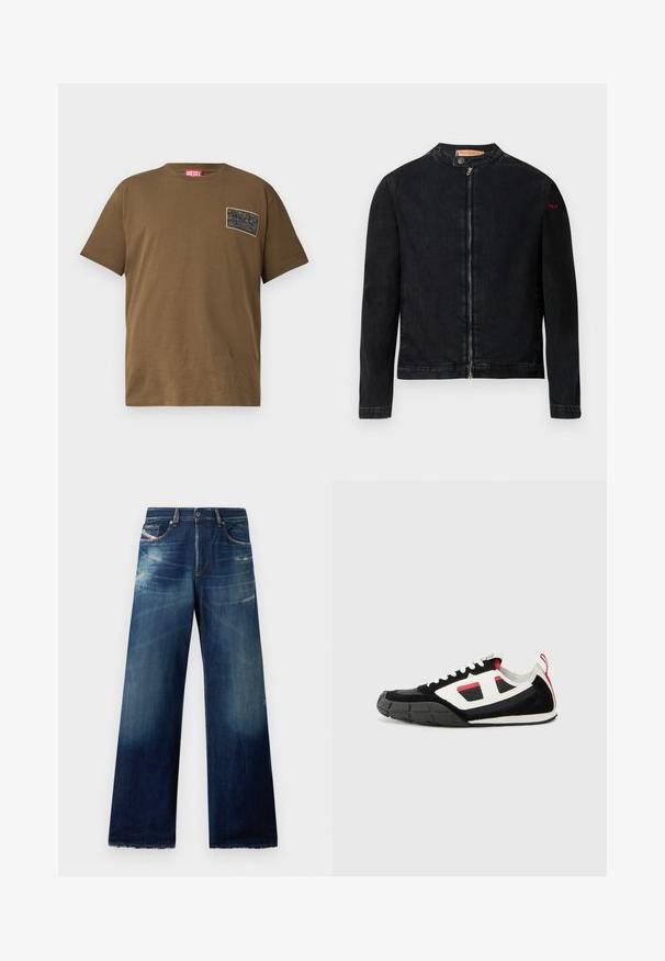 Schwarze Jeansjacke mit rundem Kragen, Reißverschluss vorne und kleinem roten Logo auf dem linken Ärmel. Verfügt über eine glatte Textur und eine taillierte Passform.; Braunes Baumwoll-T-Shirt mit Rundhalsausschnitt, das einen schwarzen Grafik-Patch auf der linken Brust hat. Kurze Ärmel und ein gerader Saum.; Weite Jeans aus Denim in Dunkelblau mit ausgebleichten Stellen, abgenutzten Details und fransigen Säumen. Vier Taschen und ein Knopfverschluss.; Diesel S PAGODHA LOW - Sneaker low - black