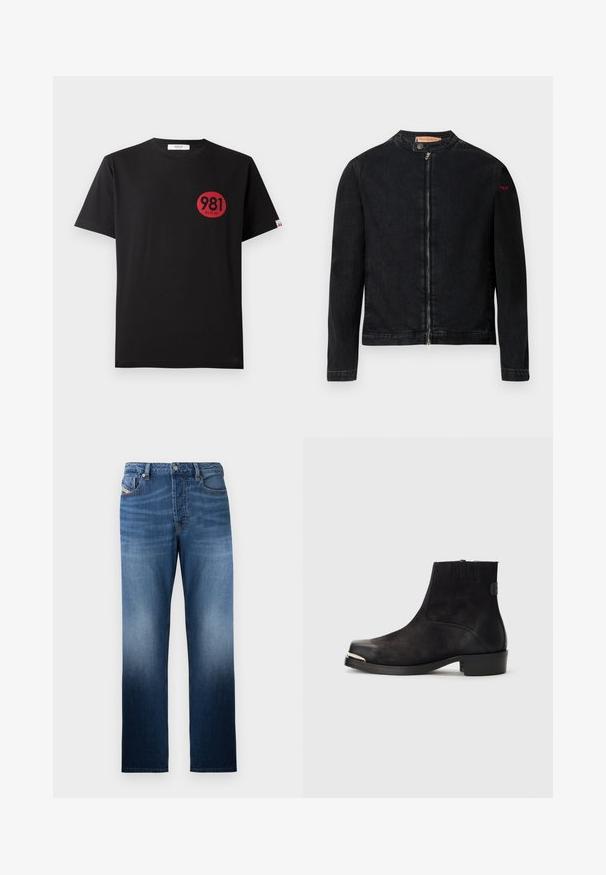 Sort denimjakke med rund krave, lynlås foran og et lille rødt logo på venstre ærme. Har en glat tekstur og tætsiddende design.; Sort bomulds T-shirt med korte ærmer, der har et rødt cirkulært print, som inkluderer tallene "981" og ordet "REPLAY."; Mørkeblå denim jeans med lige ben-design, præget af en bleget vask-effekt. Inkluderer en frontknaplukning og lommer.; Sort ankelstøvle med ruskind og lædermaterialer, rund tå, lille hæl, sølvmetallic accent på tåen og elastiske sider.