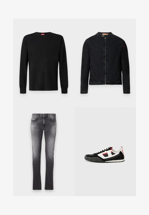 Chaqueta de mezclilla negra con cuello redondo, cierre frontal con cremallera y un pequeño logo rojo en la manga izquierda. Presenta una textura suave y un diseño ajustado.; Camiseta negra de manga larga hecha de una tela suave, con un cuello redondo y un sutil logo negro en el pecho. Diseño liso, corte regular.; Vaqueros de mezclilla gris con un ajuste slim, diseño de cinco bolsillos y un ligero desgaste. Presentan un cierre de cremallera con botón y detalles de costura.; Diesel S PAGODHA LOW - Zapatillas - black