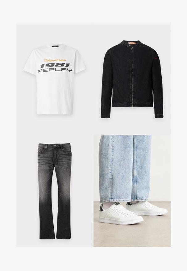 Schwarze Jeansjacke mit rundem Kragen, Reißverschluss vorne und kleinem roten Logo auf dem linken Ärmel. Verfügt über eine glatte Textur und eine taillierte Passform.; Replay SHORT SLEEVE GRAPHIC - T-Shirt print - natural white; Schwarze Jeans aus Denim mit einem leicht verblassten Muster. Eng anliegendes Design, gerade Beinform, Fünf-Taschen-Stil und Knopfverschluss an der Taille.; Weiße Sneaker mit einer glatten Ledertextur, schwarzen Fersenakzenten und perforierten Details. Kombiniert mit hellblauen, weiten Jeanshosen.