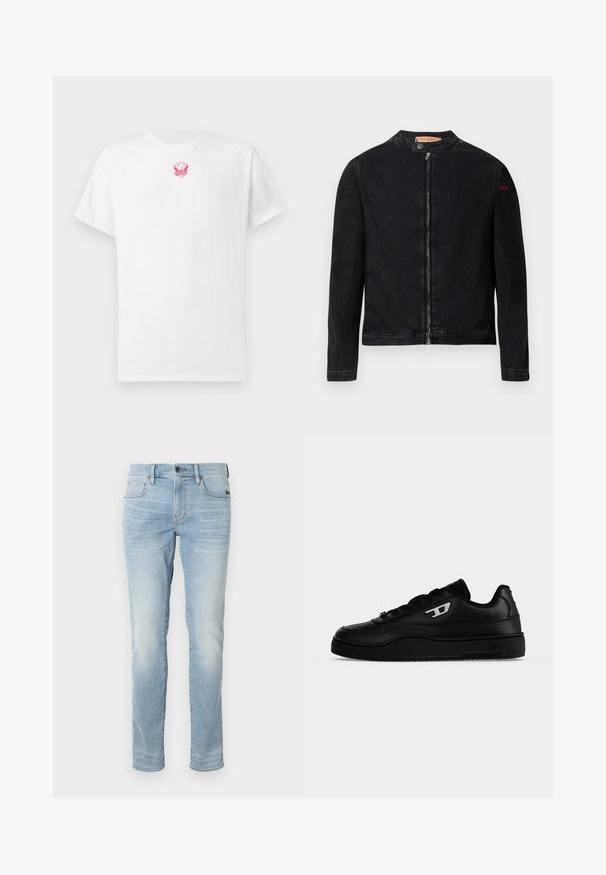 Schwarze Jeansjacke mit rundem Kragen, Reißverschluss vorne und kleinem roten Logo auf dem linken Ärmel. Verfügt über eine glatte Textur und eine taillierte Passform.; Weißes Baumwoll-T-Shirt mit kurzen Ärmeln, Rundhalsausschnitt und einem kleinen, rosafarbenen, gestickten Adlerdesign auf der Brust. Weicher Stoff.; Helleblaue Slim-Fit-Jeans mit Frontknopf, Reißverschluss und Fünf-Taschen-Design, vor einem schlichten weißen Hintergrund präsentiert.; Schwarzer niedriger Sneaker mit dicker Sohle, Schnürung vorne und kleinem weißen "D" Logo an der Seite, gezeigt vor einfachem weißen Hintergrund.