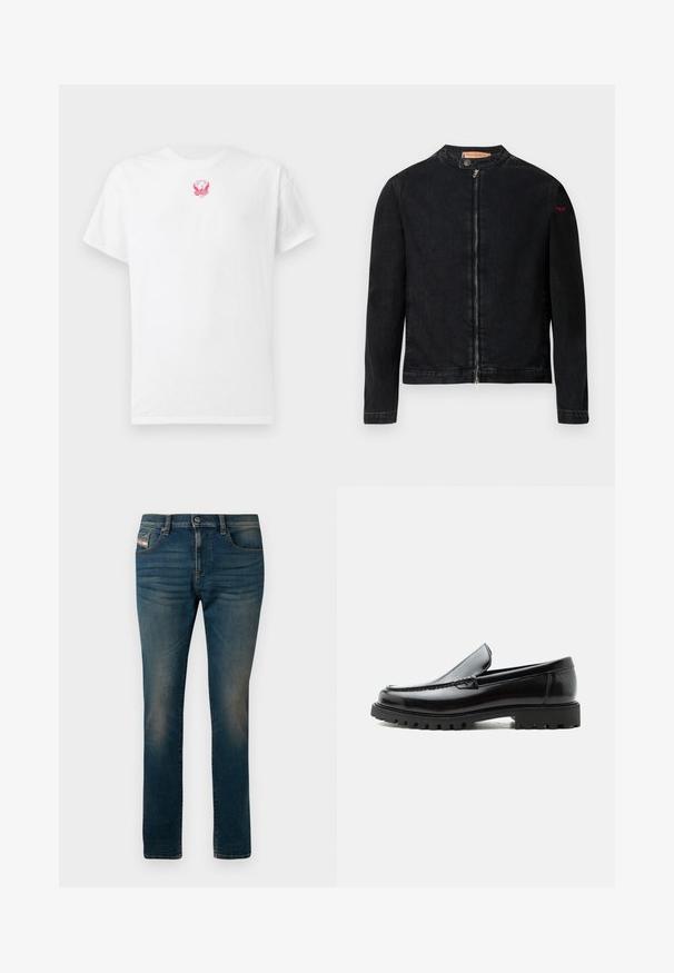 Sort denimjakke med rund krave, lynlås foran og et lille rødt logo på venstre ærme. Har en glat tekstur og tætsiddende design.; Hvid bomulds t-shirt med korte ærmer, rund hals og et lille pink broderet ørne-tryk på brystet. Blød tekstur.; Mørkeblå jeans lavet af denim, med fem lommer, en knaplukning og let falming langs lårerne for et slidt udseende.; Sort læderloafer med chunky gummisål, syet overdel og præget mærkenavn på hælen, vist i sideprofil på hvid baggrund.