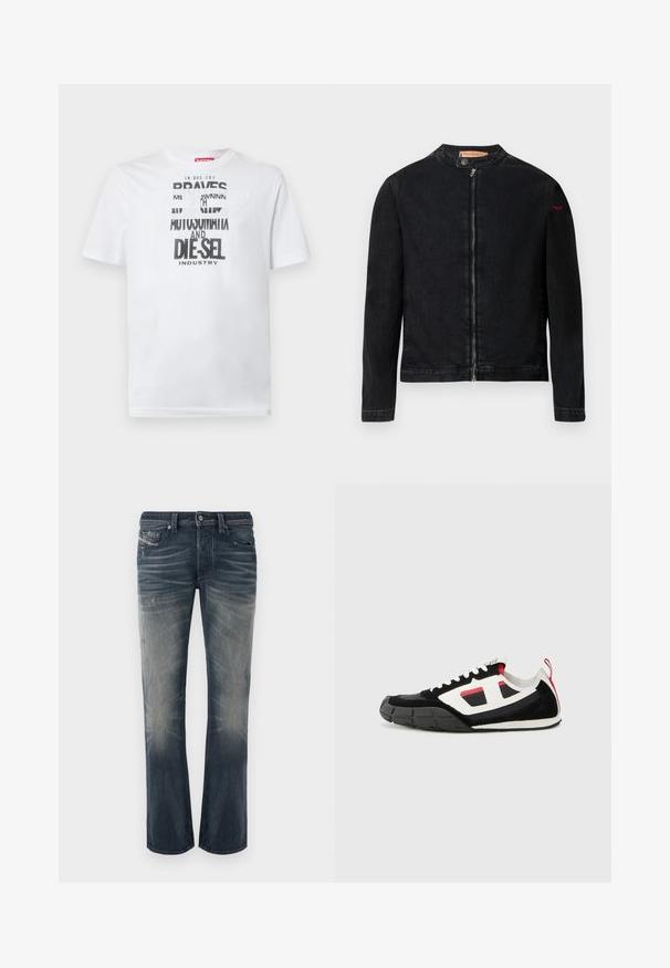 Veste en denim noire avec un col rond, une fermeture éclair frontale et un petit logo rouge sur la manche gauche. Caractérisée par une texture lisse et une coupe ajustée.; T-shirt en coton blanc avec une typographie noire audacieuse affichant les mots "BRAVES" et "DIE-SEL INDUSTRY" ainsi qu'un design découpé semi-transparent.; Jean droit en denim bleu foncé délavé avec des sections effacées, des plis subtils et des détails usés. Fermeture par bouton avec cinq poches.; Diesel S PAGODHA LOW - Baskets basses - black