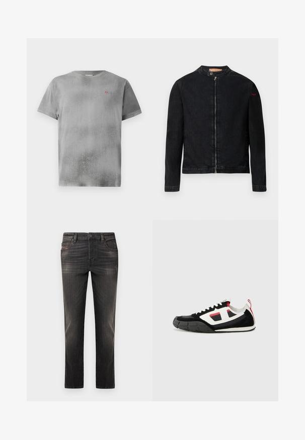 Schwarze Jeansjacke mit rundem Kragen, Reißverschluss vorne und kleinem roten Logo auf dem linken Ärmel. Verfügt über eine glatte Textur und eine taillierte Passform.; Graues Kurzarm-T-Shirt mit strukturiertem Finish. Mit einem kleinen roten Logo auf der linken Brust. Einfacher runder Ausschnitt und gerader Saum.; Schwarze Jeans aus Denim mit verwaschenem Design, geradem Bein, Fünf-Taschen-Stil und Knopfverschluss. Ausgestattet mit dezenten Nähten und Hardware-Akzenten.; Diesel S PAGODHA LOW - Sneaker low - black