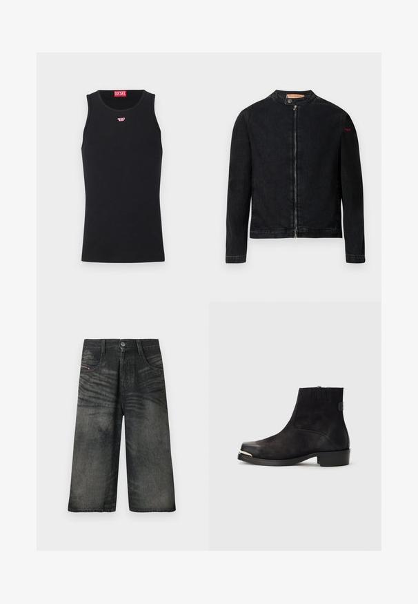 Schwarze Jeansjacke mit rundem Kragen, Reißverschluss vorne und kleinem roten Logo auf dem linken Ärmel. Verfügt über eine glatte Textur und eine taillierte Passform.; Schwarzes ärmelloses Diesel Tanktop mit kleinem roten und weißen Logo auf der Brust und rotem Diesel-Label innen im Kragen.; Schwarze Denim-Shorts mit weitem Bein, vorne mit Knöpfen, Reißverschluss, Gürtelschlaufen und verblassten Designdetails.; Schwarze Knöchelstiefel aus Wildleder und Leder, mit gerundeter Zehenpartie, kleinem Absatz, silbernen metallischen Akzenten an der Zehenpartie und elastischen Seitenpanelen.
