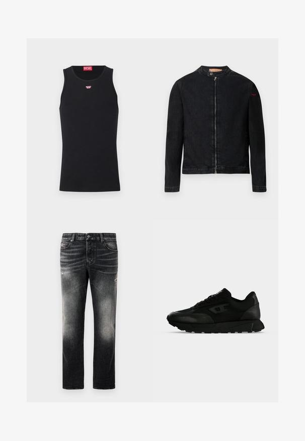 Schwarze Jeansjacke mit rundem Kragen, Reißverschluss vorne und kleinem roten Logo auf dem linken Ärmel. Verfügt über eine glatte Textur und eine taillierte Passform.; Schwarzes ärmelloses Diesel Tanktop mit kleinem roten und weißen Logo auf der Brust und rotem Diesel-Label innen im Kragen.; Schwarze Jeans mit einem verblassten Finish und verwaschenen Akzenten, klassisches Fünf-Taschen-Design und Reißverschluss. Hergestellt aus Denim-Stoff.; Schwarzer Low-Top-Sneaker mit strukturiertem Leder und Stoffpaneelen, Schnürverschluss und dicker Gummisohle auf einfachem hellem Hintergrund.