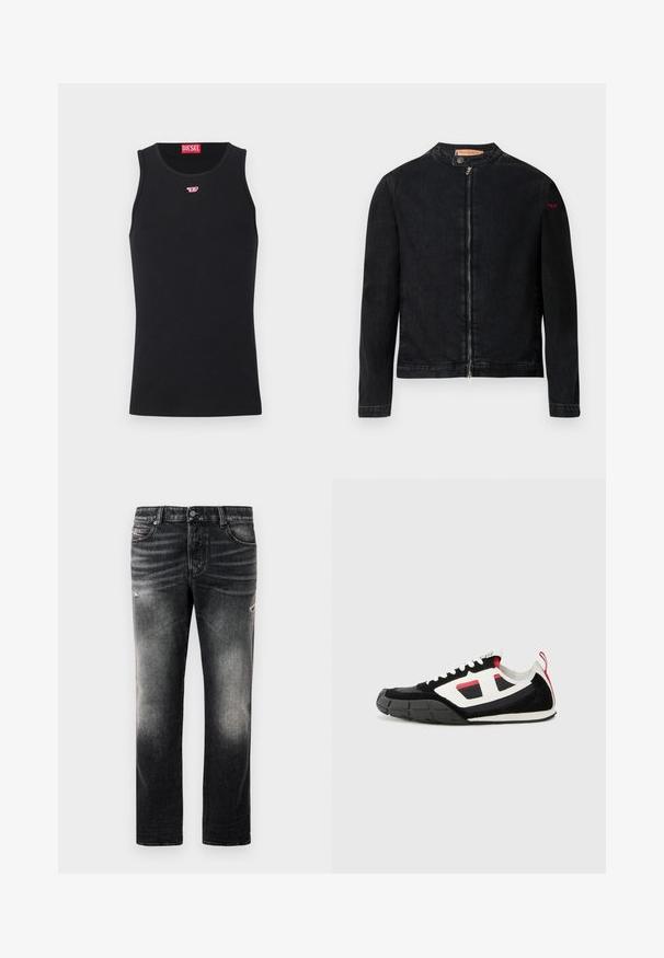 Schwarze Jeansjacke mit rundem Kragen, Reißverschluss vorne und kleinem roten Logo auf dem linken Ärmel. Verfügt über eine glatte Textur und eine taillierte Passform.; Schwarzes ärmelloses Diesel Tanktop mit kleinem roten und weißen Logo auf der Brust und rotem Diesel-Label innen im Kragen.; Schwarze Jeans mit einem verblassten Finish und verwaschenen Akzenten, klassisches Fünf-Taschen-Design und Reißverschluss. Hergestellt aus Denim-Stoff.; Diesel S PAGODHA LOW - Sneaker low - black