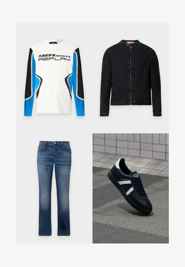 Zwarte denimjas met een ronde kraag, een ritssluiting aan de voorkant en een klein rood logo op de linker mouw. Heeft een gladde textuur en een aansluitend ontwerp.; Langermige sportshirt met een witte voorkant, zwart en blauwe mouwen en het logo "981 sports REPLAY" gedrukt op de borst.; Donkerblauwe denim jeans met een rechte pijp, voorzien van zijzakken, subtiele vervaging en een klassieke knoopsluiting bij de taille.; Zwarte leren sneaker met witte strepen, een gestructureerde rubberen zool en vetersluiting aan de voorkant. Voorzien van een merklabel op de tong.