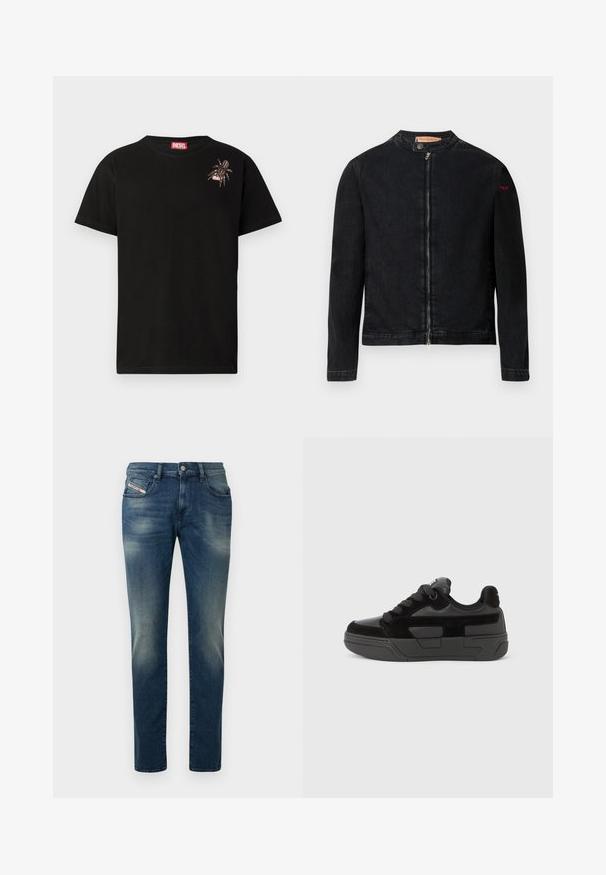 Zwarte denimjas met een ronde kraag, een ritssluiting aan de voorkant en een klein rood logo op de linker mouw. Heeft een gladde textuur en een aansluitend ontwerp.; Zwarte katoenen t-shirt met korte mouwen, met een decoratief spinontwerp op de linkerborst en een rood Diesel logo label bij de hals.; Donkerblauwe spijkerbroek met een vervaagde wassing, recht model en een licht beschadigde knie. Voorzien van voorzakken en een metalen knoopsluiting.; Zwarte sneaker met een mix van gladde en gestructureerde materialen, voorzien van een afgeronde neus, dikke zool en vetersluiting. Minimalistisch ontwerp met accenten.