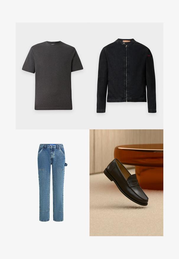 Veste en denim noire avec un col rond, une fermeture éclair frontale et un petit logo rouge sur la manche gauche. Caractérisée par une texture lisse et une coupe ajustée.; T-shirt gris à manches courtes en tissu doux et léger, avec un col rond et des coutures minimales. Convient pour une tenue décontractée.; Jean en denim bleu avec une coupe droite, présentant des patches contrastants, deux poches avant et un détail de boucle visible sur le côté.; Chaussure mocassin en cuir noir suspendue au-dessus d’un tapis beige avec du mobilier moderne couleur ambre en arrière-plan.
