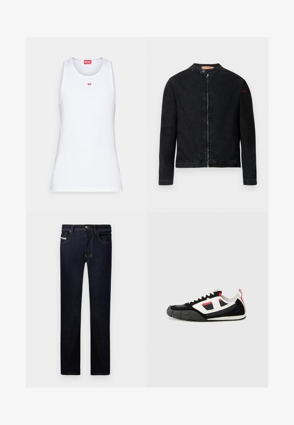 Veste en denim noire avec un col rond, une fermeture éclair frontale et un petit logo rouge sur la manche gauche. Caractérisée par une texture lisse et une coupe ajustée.; Débardeur blanc sans manches en tissu lisse. Il présente un col rond et un petit logo "D" rouge au centre.; Jean en denim bleu foncé avec une coupe droite, comprenant cinq poches, des coutures contrastantes et un bouton en métal.; Diesel S PAGODHA LOW - Baskets basses - black