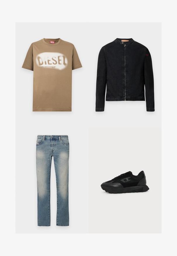 Veste en denim noire avec un col rond, une fermeture éclair frontale et un petit logo rouge sur la manche gauche. Caractérisée par une texture lisse et une coupe ajustée.; T-shirt en coton marron avec un logo "DIESEL" peint en blanc au pochoir. Col rond classique et manches courtes avec une texture lisse.; Jean droit en denim bleu clair avec zones délavées, cinq poches et fermeture à bouton. Le tissu présente de légers effets d'usure et des marques d'usure.; Baskets basses noires avec semelle texturée, dessus en mesh et cuir, fermeture à lacets devant, et petit logo embossé sur le panneau latéral.