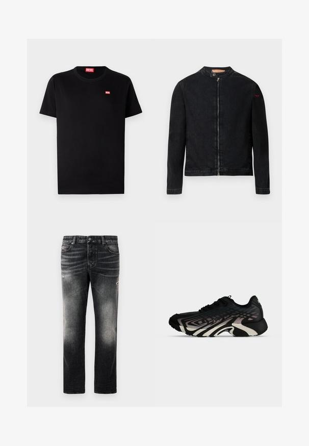 Schwarze Jeansjacke mit rundem Kragen, Reißverschluss vorne und kleinem roten Logo auf dem linken Ärmel. Verfügt über eine glatte Textur und eine taillierte Passform.; Schwarzes Baumwoll-T-Shirt mit rundem Halsausschnitt und kurzen Ärmeln. Verfügt über ein kleines rotes Diesel-Logo auf der Brust. Einfaches, klassisches Design.; Schwarze Jeans mit einem verblassten Finish und verwaschenen Akzenten, klassisches Fünf-Taschen-Design und Reißverschluss. Hergestellt aus Denim-Stoff.; Schwarzer und grauer Sportschuh mit geschichteten geometrischen Mustern und dicker, geformter Sohle, von der Seite vor weißem Hintergrund gezeigt.